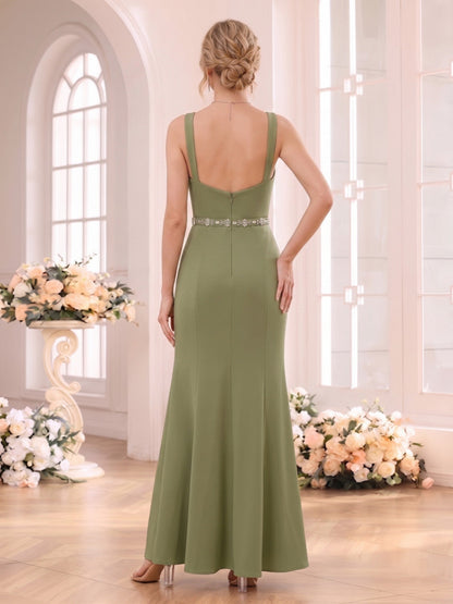 Sheath/Column Cowl Neck Sleeveless Floor-Length Bridesmaid Dresses with Split Side & Pleats