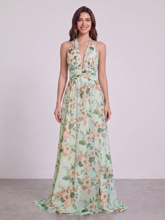 A-Line/Princess Halter Sleeveless Floor-Length Bridesmaid Dresses with Ruched