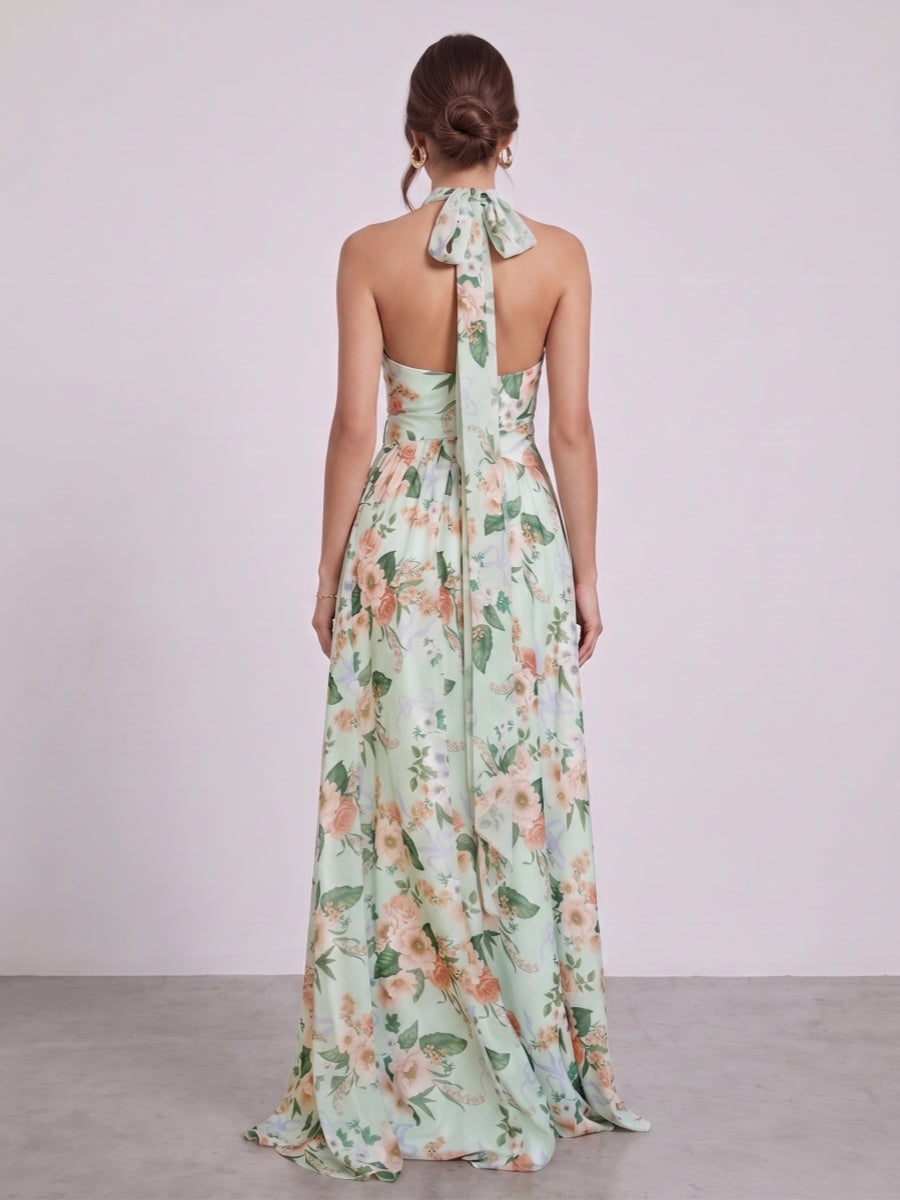 A-Line/Princess Halter Sleeveless Floor-Length Bridesmaid Dresses with Ruched