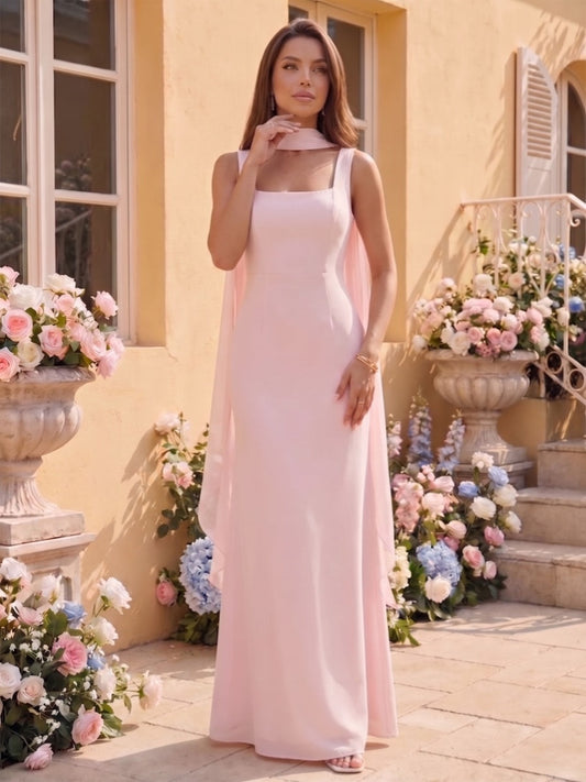 Sheath/Column Square Neck  Sleeveless Floor-Length Bridesmaid Dresses with Scarf