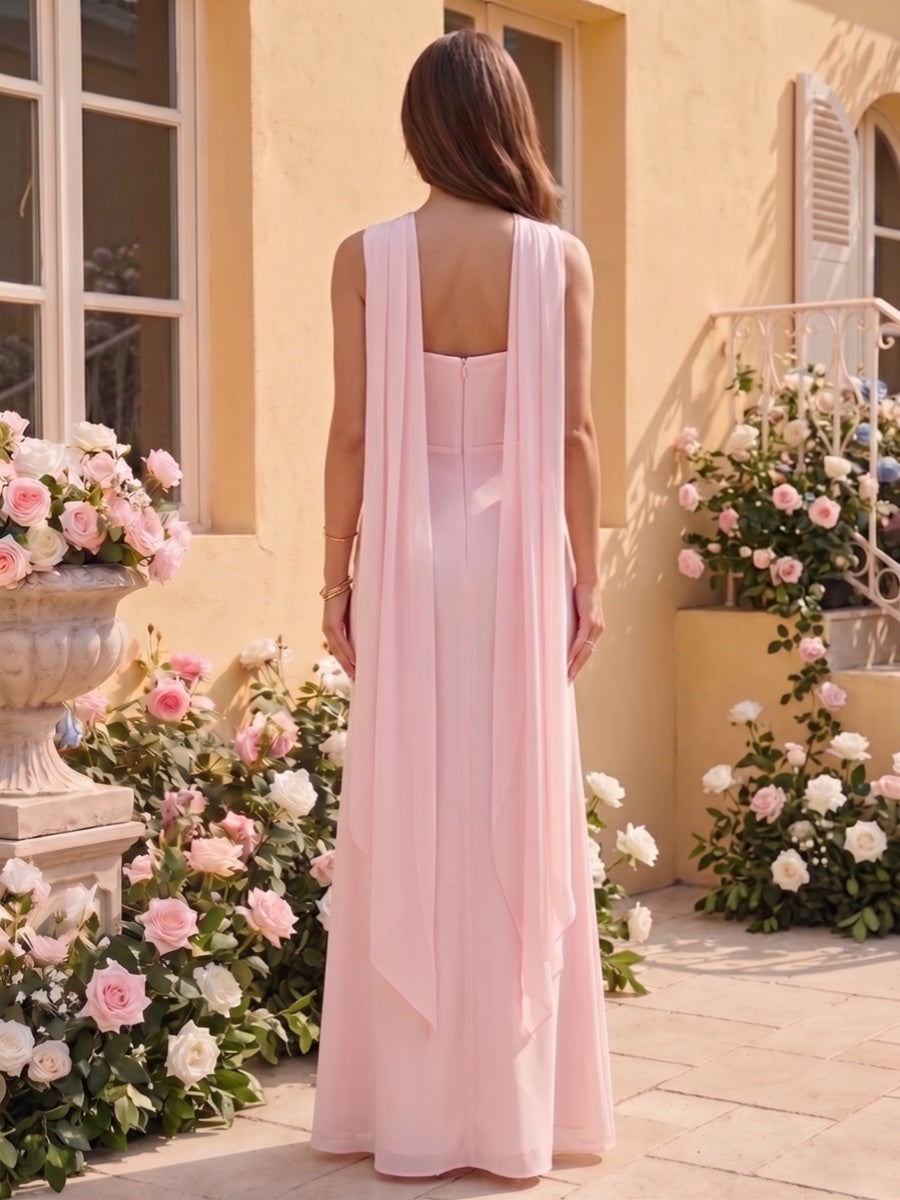 Sheath/Column Square Neck  Sleeveless Floor-Length Bridesmaid Dresses with Scarf