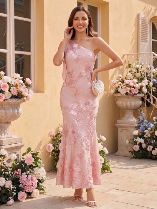 Trumpet/Mermaid One-Shoulder Sleeveless Knee-Length Bridesmaid Dresses with Bowknot & Applique