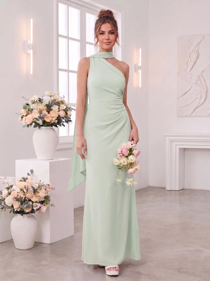 Sheath/Column One Shoulder  Sleeveless Floor-Length Bridesmaid Dresses with Scarf