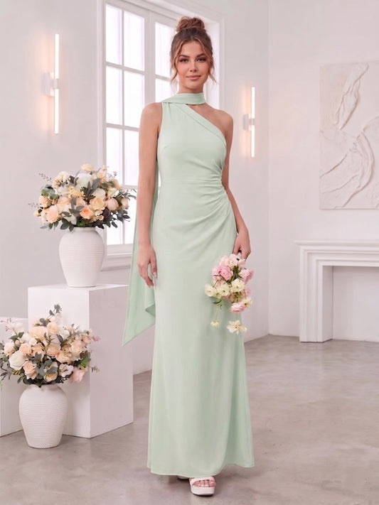 Sheath/Column One Shoulder  Sleeveless Floor-Length Bridesmaid Dresses with Scarf