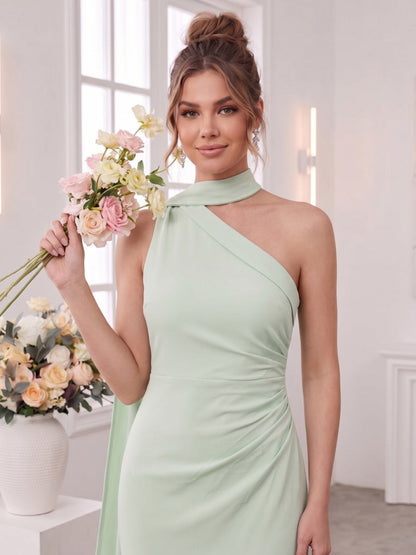 Sheath/Column One Shoulder  Sleeveless Floor-Length Bridesmaid Dresses with Scarf