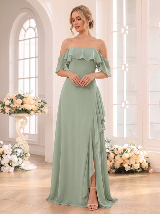A-Line/Princess Off-the-Shoulder Sleeveless Floor-Length Bridesmaid Dresses with Ruffles & Split Side