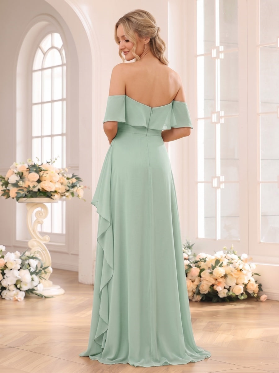 A-Line/Princess Off-the-Shoulder Sleeveless Floor-Length Bridesmaid Dresses with Ruffles & Split Side