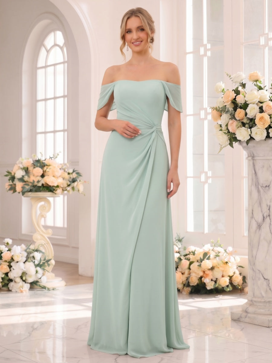 Sheath/Column Off-the-Shoulder Sleeveless Floor-Length Bridesmaid Dresses with Ruched