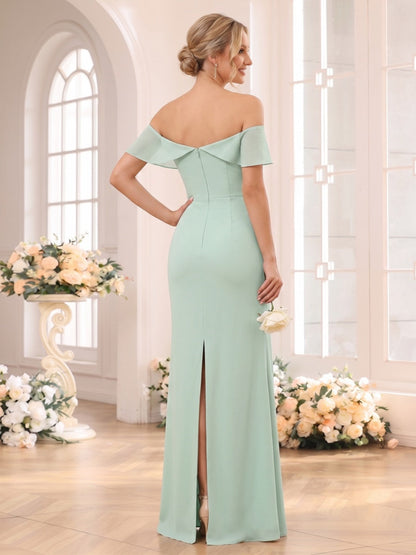 Sheath/Column Off-the-Shoulder Sleeveless Floor-Length Bridesmaid Dresses with Ruched
