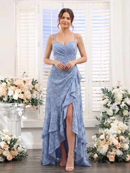 A-Line/Princess Spaghetti Straps Sleeveless Floor-Length Bridesmaid Dresses with Ruffles & Split Side