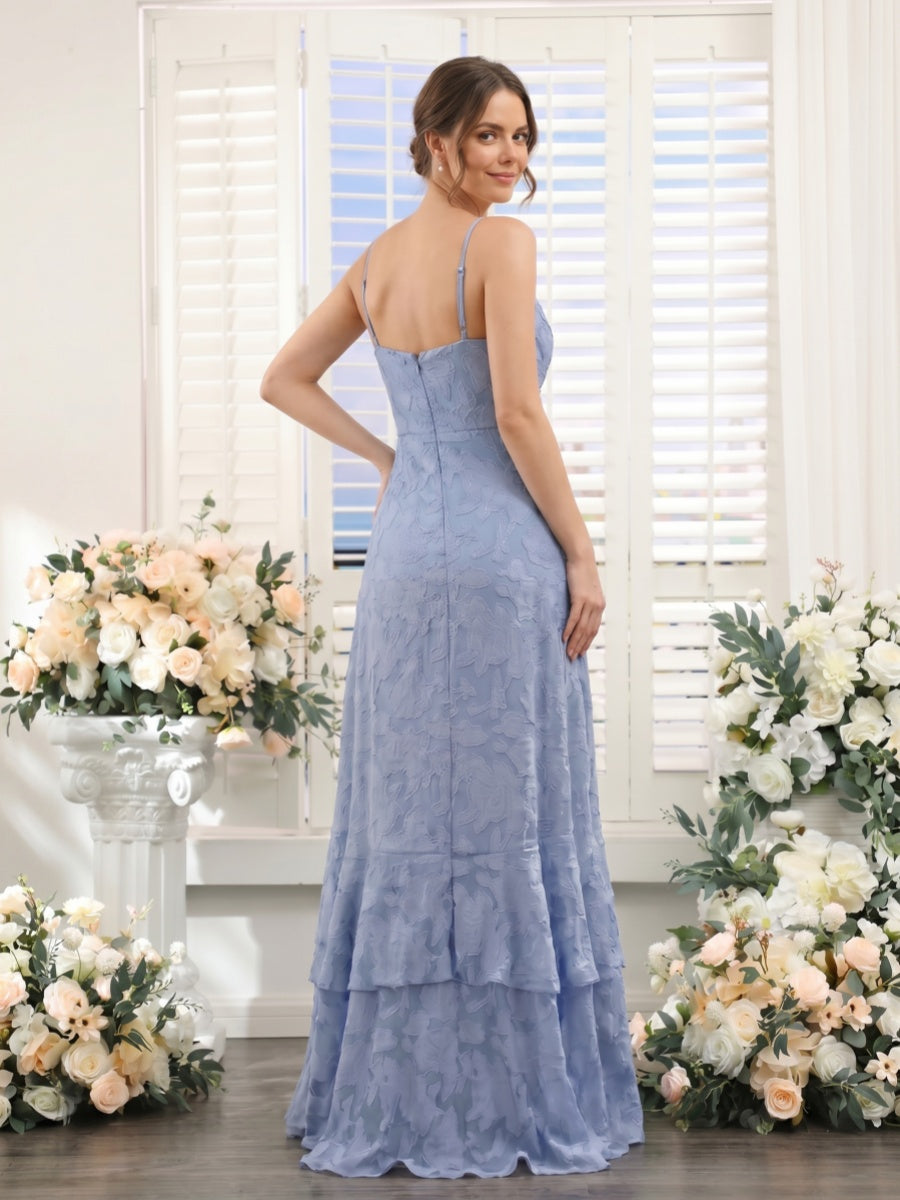A-Line/Princess Spaghetti Straps Sleeveless Floor-Length Bridesmaid Dresses with Ruffles & Split Side