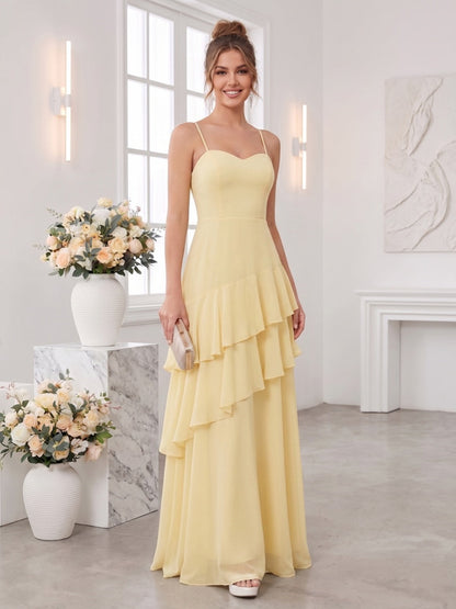 A-Line/Princess Spaghetti Straps Sleeveless Floor-Length Bridesmaid Dresses with Ruffles