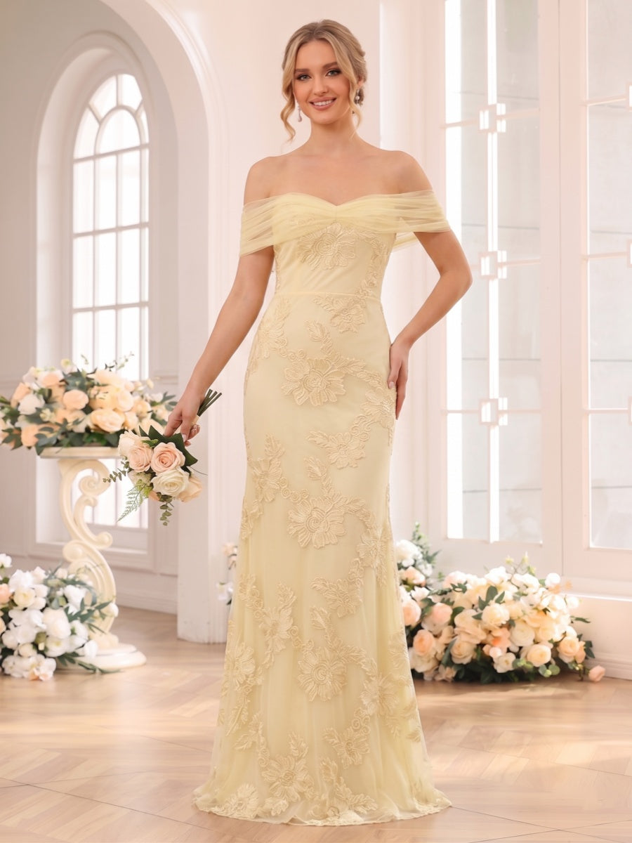 Trumpet/Mermaid Off the Shoulder Sleeveless Floor-Length Bridesmaid Dresses with Lace & Applique