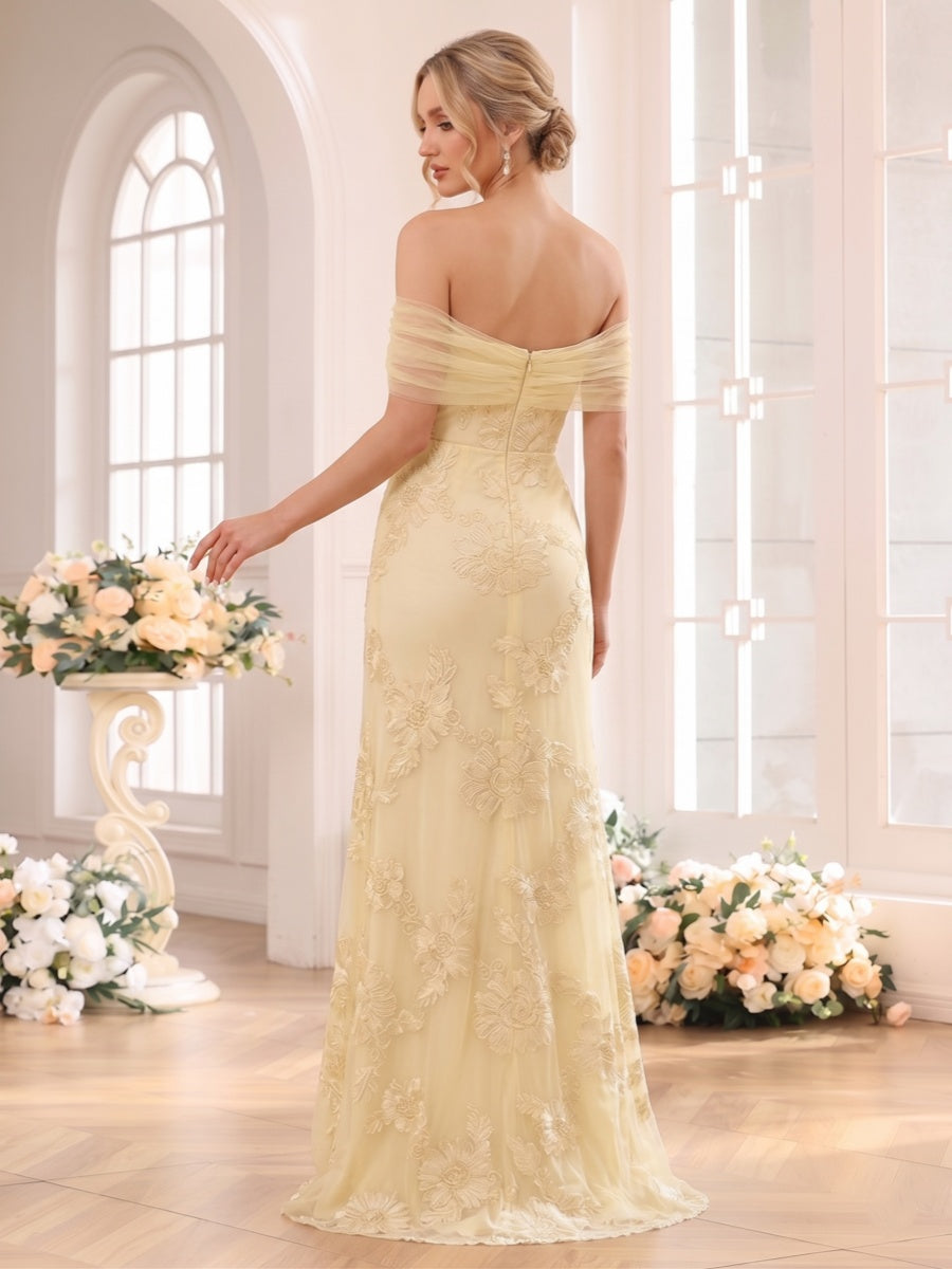 Trumpet/Mermaid Off the Shoulder Sleeveless Floor-Length Bridesmaid Dresses with Lace & Applique