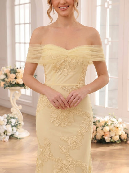 Trumpet/Mermaid Off the Shoulder Sleeveless Floor-Length Bridesmaid Dresses with Lace & Applique