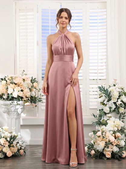 A-Line/Princess Halter Sleeveless Floor-Length Bridesmaid Dresses with Split Side & Ruched