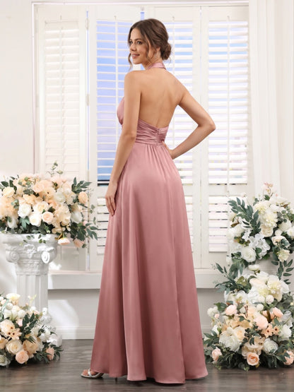 A-Line/Princess Halter Sleeveless Floor-Length Bridesmaid Dresses with Split Side & Ruched