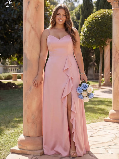 A-Line/Princess Spaghetti Straps Sleeveless Chiffon Floor-Length Plus Size Bridesmaid Dresses with Ruffles & Split Side
