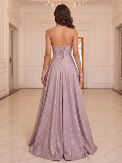 A-Line/Princess Strapless Sleeveless Floor-Length Evening Dresses with Split Side & Ruched
