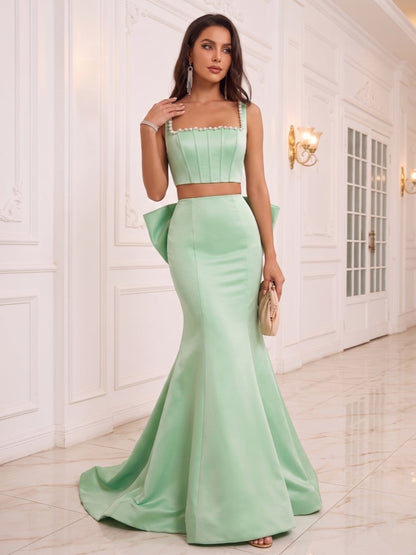 Trumpet/Mermaid Scoop Sleeveless Sweep Train Evening Dresses with Beading & Bowknot