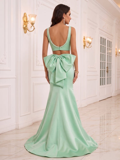 Trumpet/Mermaid Scoop Sleeveless Sweep Train Evening Dresses with Beading & Bowknot