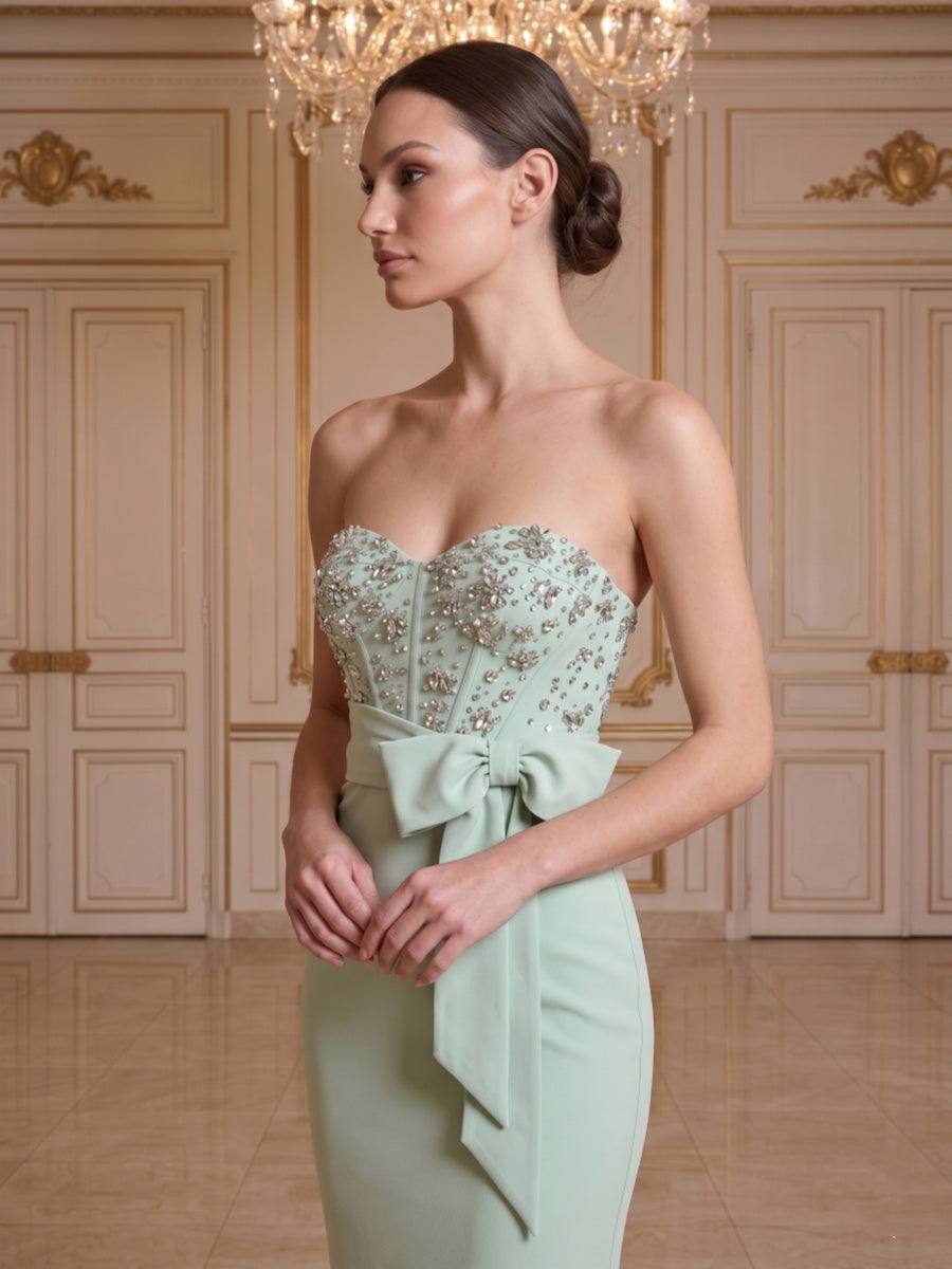 Sheath/Column Sweetheart Strapless Sleeveless Floor-Length Evening Dresses with Bowknot & Beading