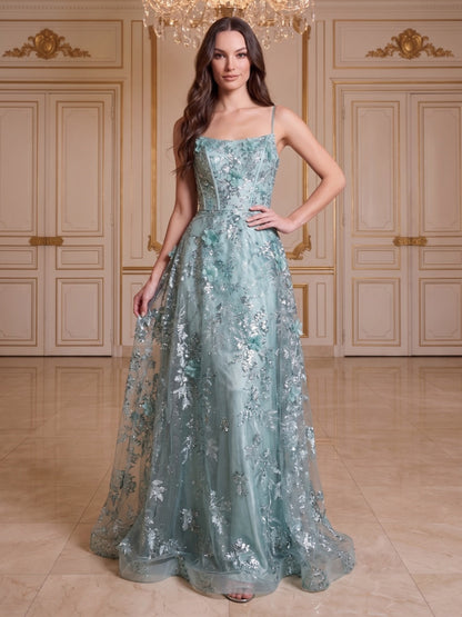 A-Line/Princess Spaghetti Straps Sleeveless Floor-Length Evening Dresses with Applique