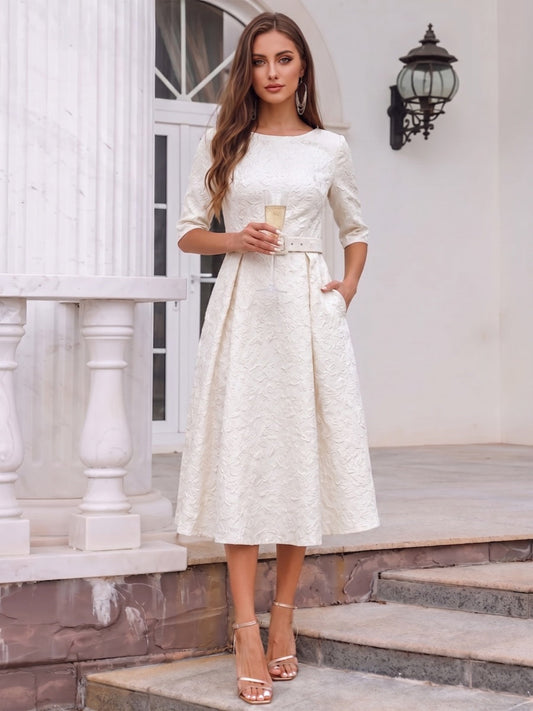 A-Line/Princess Scoop Half Sleeves Tea-Length Cocktail Dresses With Pockets & Belt