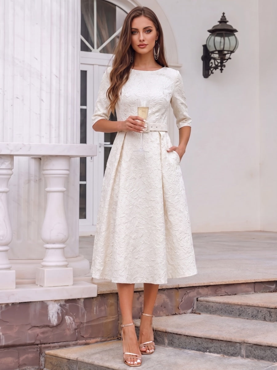 A-Line/Princess Scoop Half Sleeves Tea-Length Cocktail Dresses With Pockets & Belt