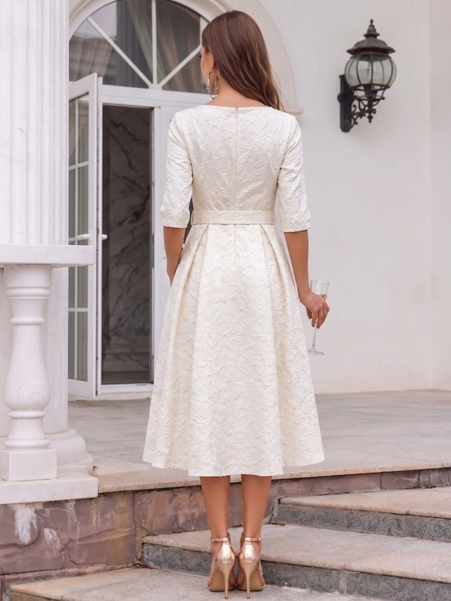 A-Line/Princess Scoop Half Sleeves Tea-Length Cocktail Dresses With Pockets & Belt