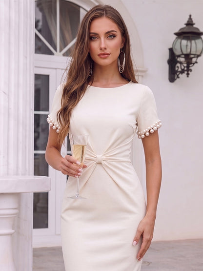 Sheath/Column Scoop Short Sleeves Tea-Length Cocktail Dresses With Pearl & Ruched