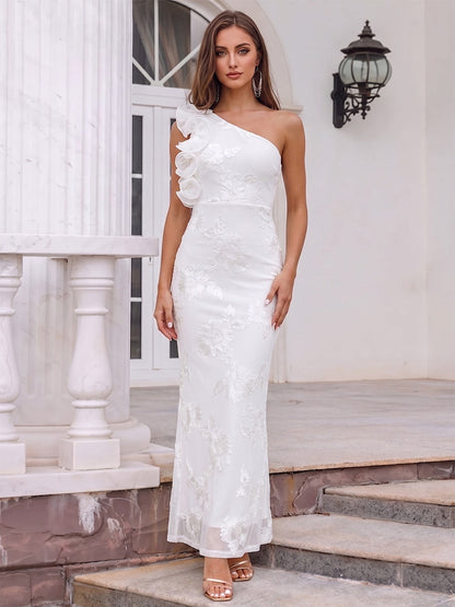 Sheath/Column One-Shoulder Sleeveless Ankle-Length Cocktail Dresses With Ruffles & Applique