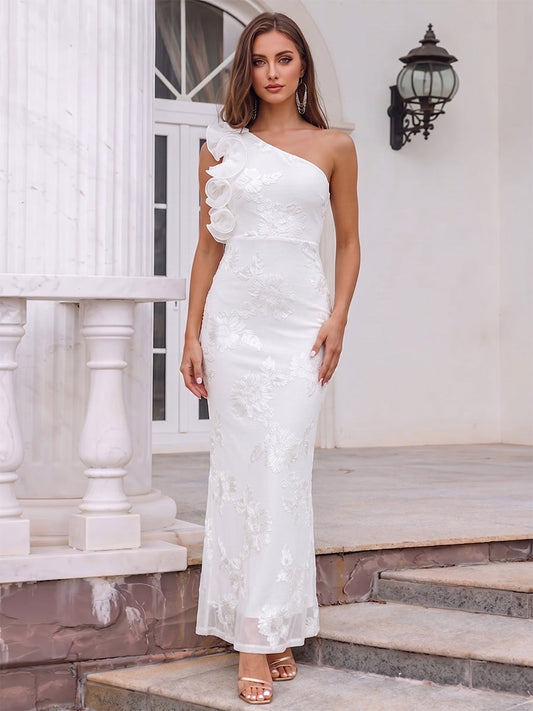 Sheath/Column One-Shoulder Sleeveless Ankle-Length Cocktail Dresses With Ruffles & Applique