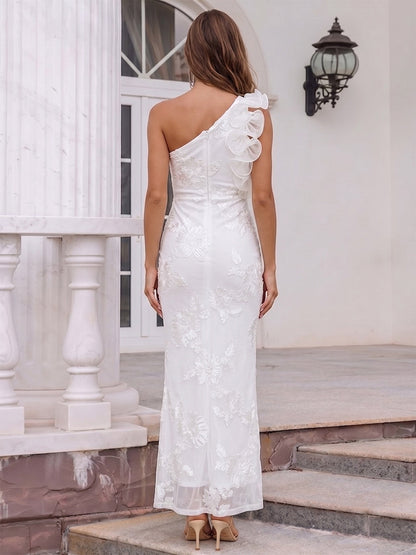 Sheath/Column One-Shoulder Sleeveless Ankle-Length Cocktail Dresses With Ruffles & Applique