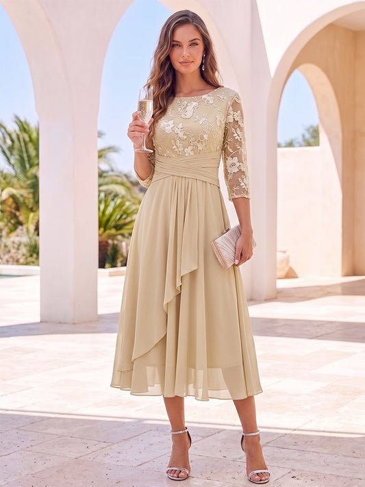 A-Line/Princess 3/4 Sleeves Round Neck Tea-Length Cocktail Dresses With Embroidery & Ruffles