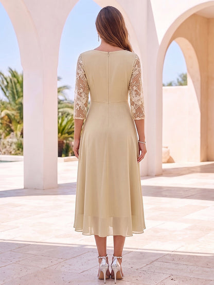 A-Line/Princess 3/4 Sleeves Round Neck Tea-Length Cocktail Dresses With Embroidery & Ruffles