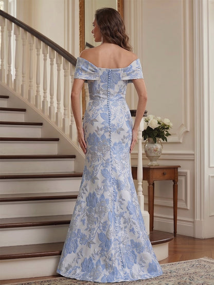 Trumpet/Mermaid Off-the-Shoulder Short Sleeves Floor-Length Mother of the Bride Dresses with Flower