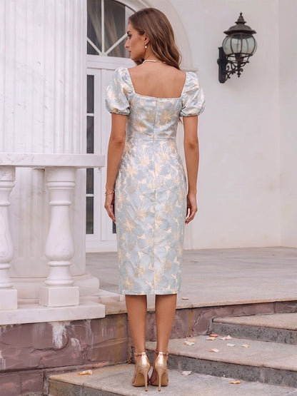 Sheath/Column Square Neck Puff Sleeves Knee-Length Cocktail Dresses With Split Side