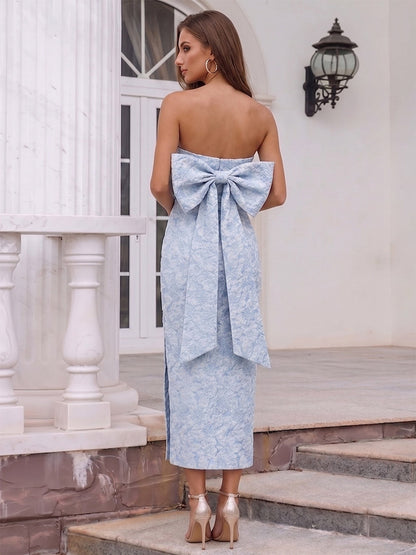 Sheath/Column Strapless Sleeveless Tea-Length Cocktail Dresses With Split Side & Bowknot