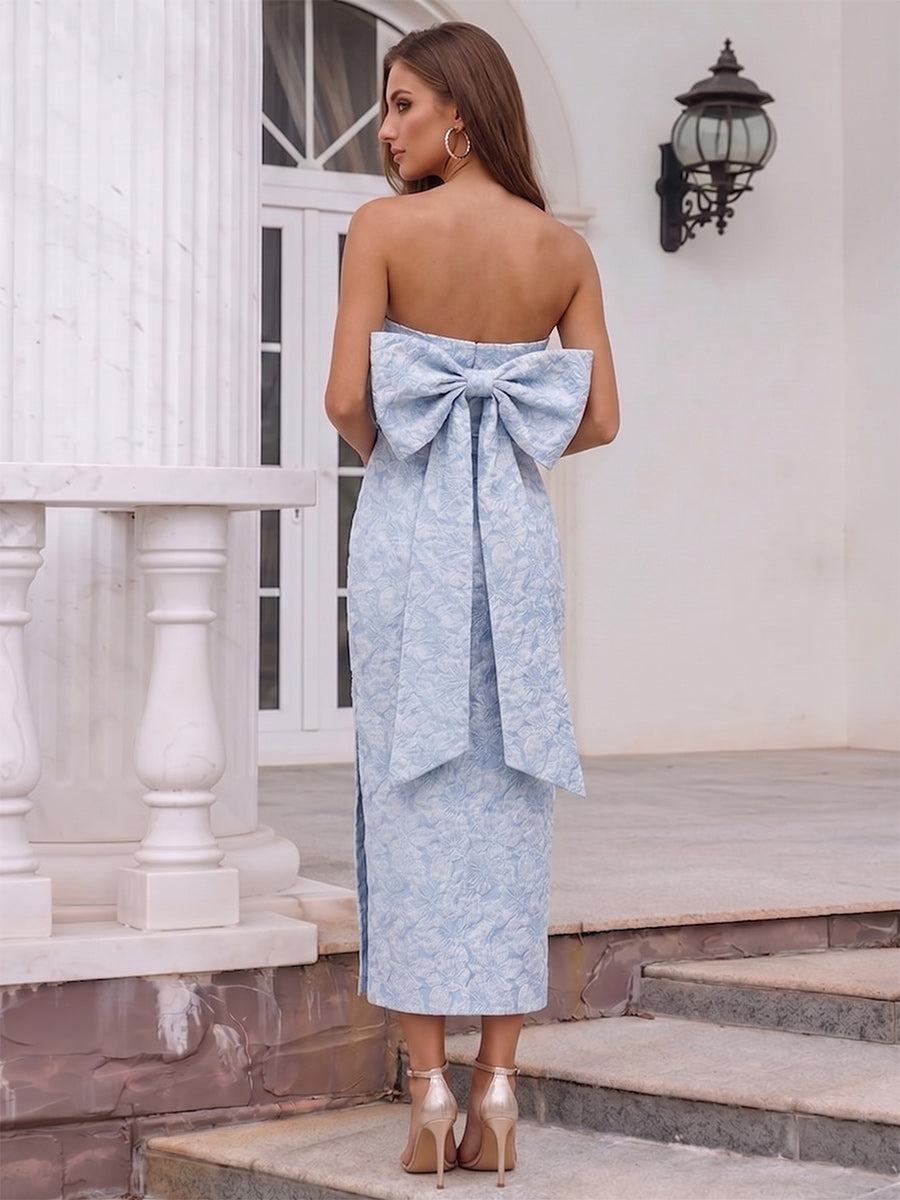 Sheath/Column Strapless Sleeveless Tea-Length Cocktail Dresses With Split Side & Bowknot