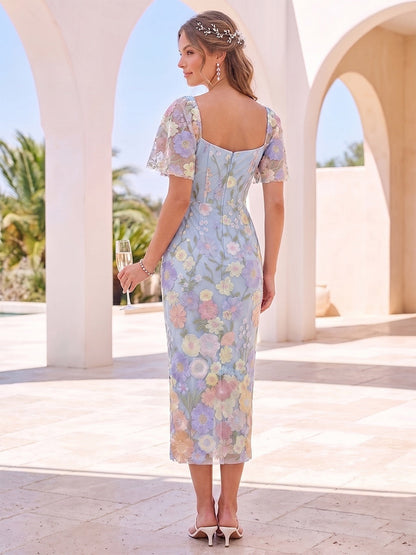 Sheath/Column Sweetheart Short Sleeves Tea-Length Cocktail Dresses With Embroidery & Flower