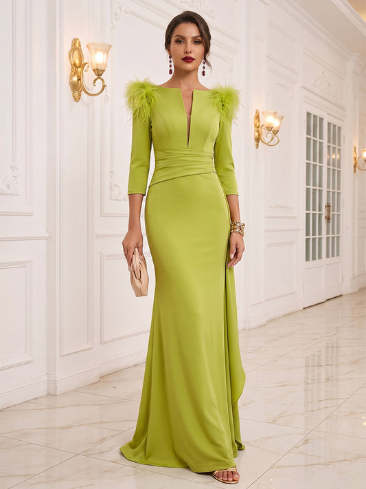 Trumpet/Mermaid 3/4 Sleeves V Neck Floor-Length Evening Dresses with Ruched & Ruffles
