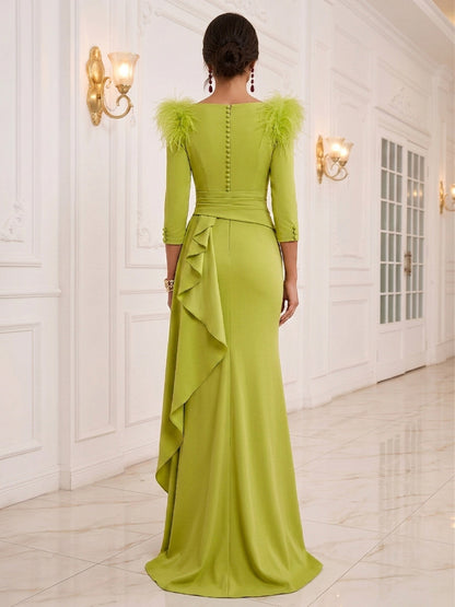Trumpet/Mermaid 3/4 Sleeves V Neck Floor-Length Evening Dresses with Ruched & Ruffles