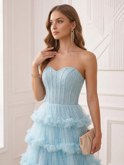 A-Line/Princess Strapless Sleeveless Floor-Length Evening Dresses with Ruffles & Split Side
