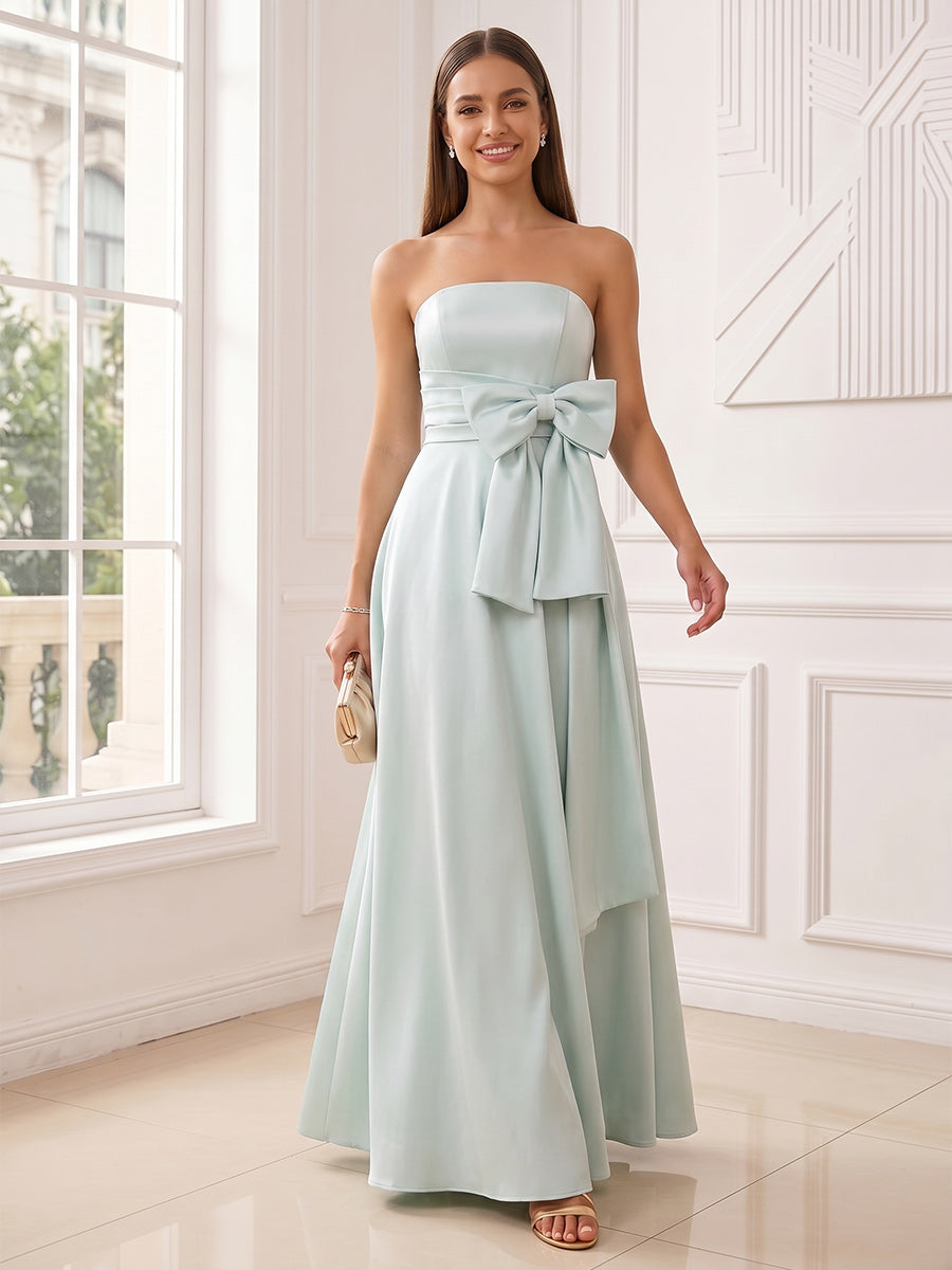 A-Line/Princess Strapless Sleeveless Floor-Length Evening Dresses with Bowknot & Ruched