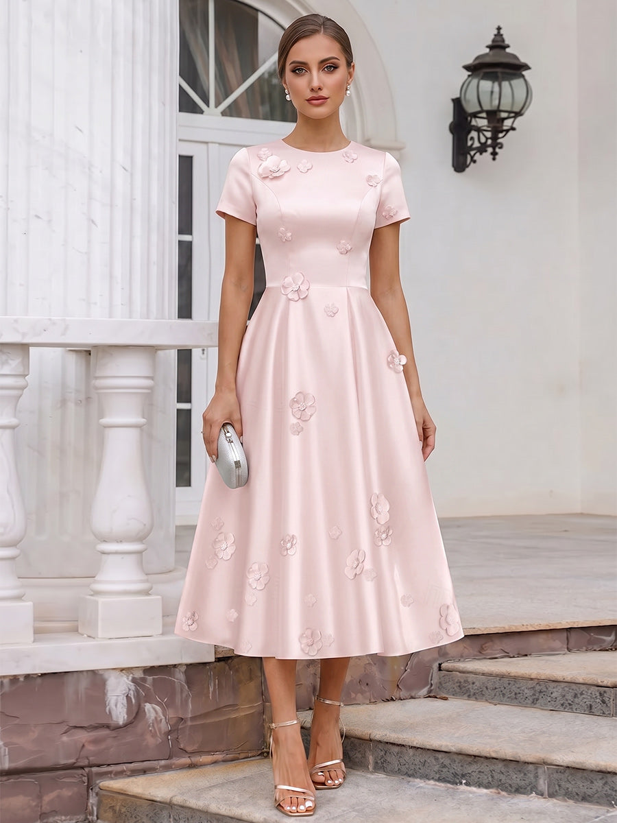 A-Line/Princess Scoop Short Sleeves Tea-Length Cocktail Dresses With 3D Floral & Pleats