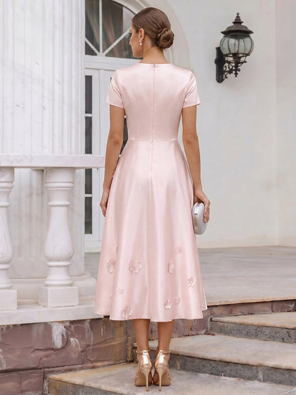 A-Line/Princess Scoop Short Sleeves Tea-Length Cocktail Dresses With 3D Floral & Pleats