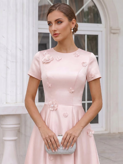 A-Line/Princess Scoop Short Sleeves Tea-Length Cocktail Dresses With 3D Floral & Pleats