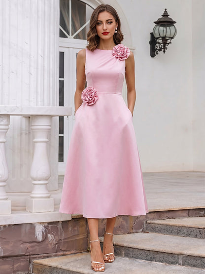 A-Line/Princess Scoop Sleeveless Tea-Length Cocktail Dresses With 3D Floral & Pocket