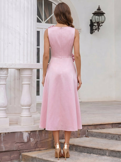 A-Line/Princess Scoop Sleeveless Tea-Length Cocktail Dresses With 3D Floral & Pocket